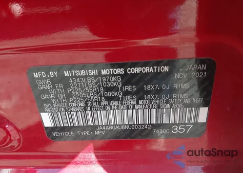 2022 Mitsubishi Outlander Sport 2.0 Be Awc/2.0 Es Awc/2.0 Le Awc/2.0 Se Awc/2.0 Se Special Edition Awc z USA, uszkodzony, nr VIN JA4ARUAU8NU003242